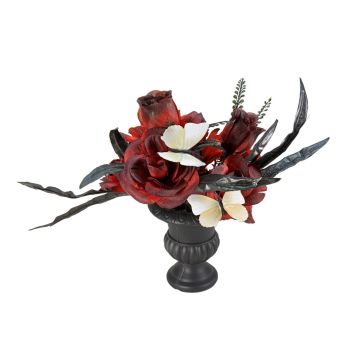 Halloween Tischdeko Blumenstrauß LESCADIA mit Rosen, Schmetterlinge, rot-schwarz, 30cm, Ø25cm